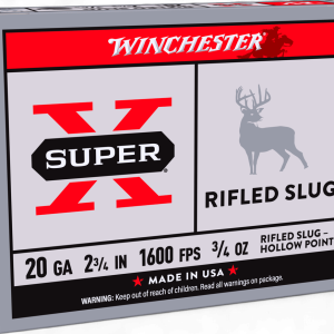 WINCHESTER – SUPER X 20GA 2-3/4″ RIFLED SLUG HOLLOW POINT 3/4OZ 1600FPS 5rds.